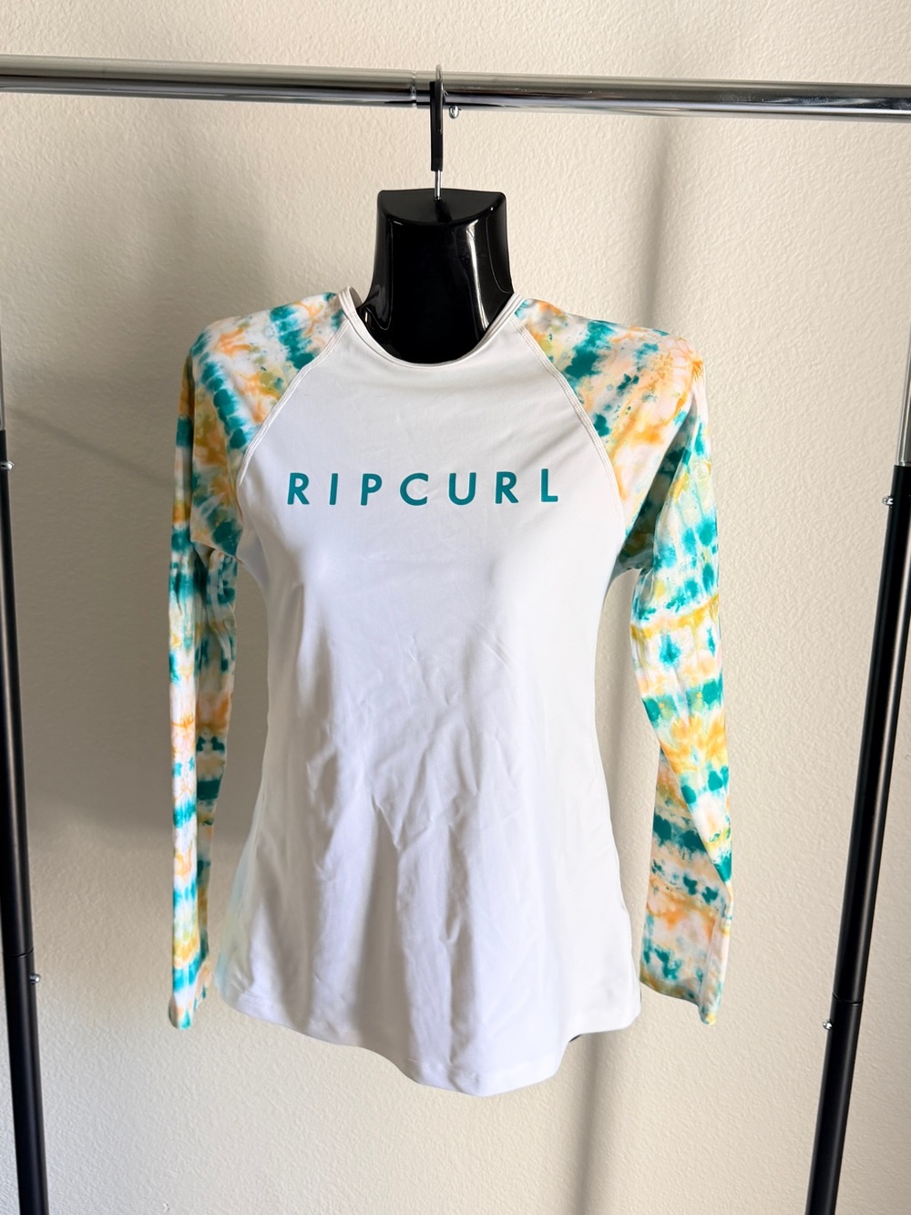 Rip Curl White Long Sleeve Tie-Dye Raglan Top with Teal and Yellow Accents